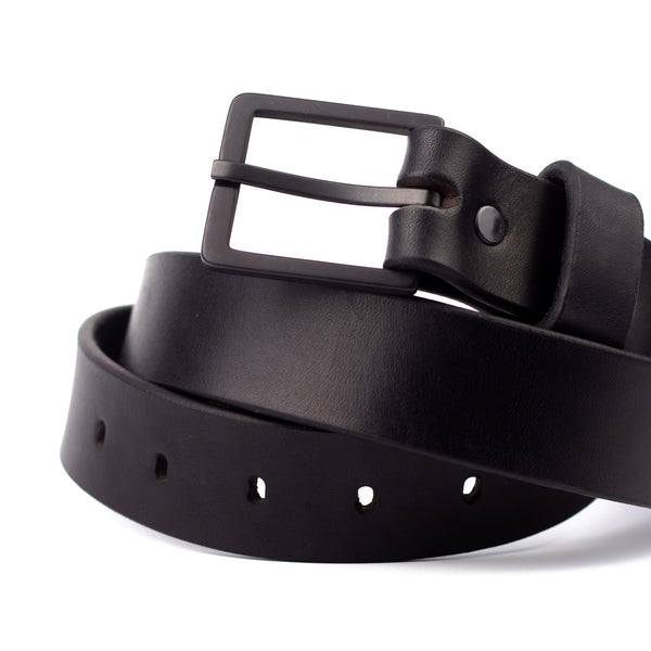 Black leather belt with metal buckle